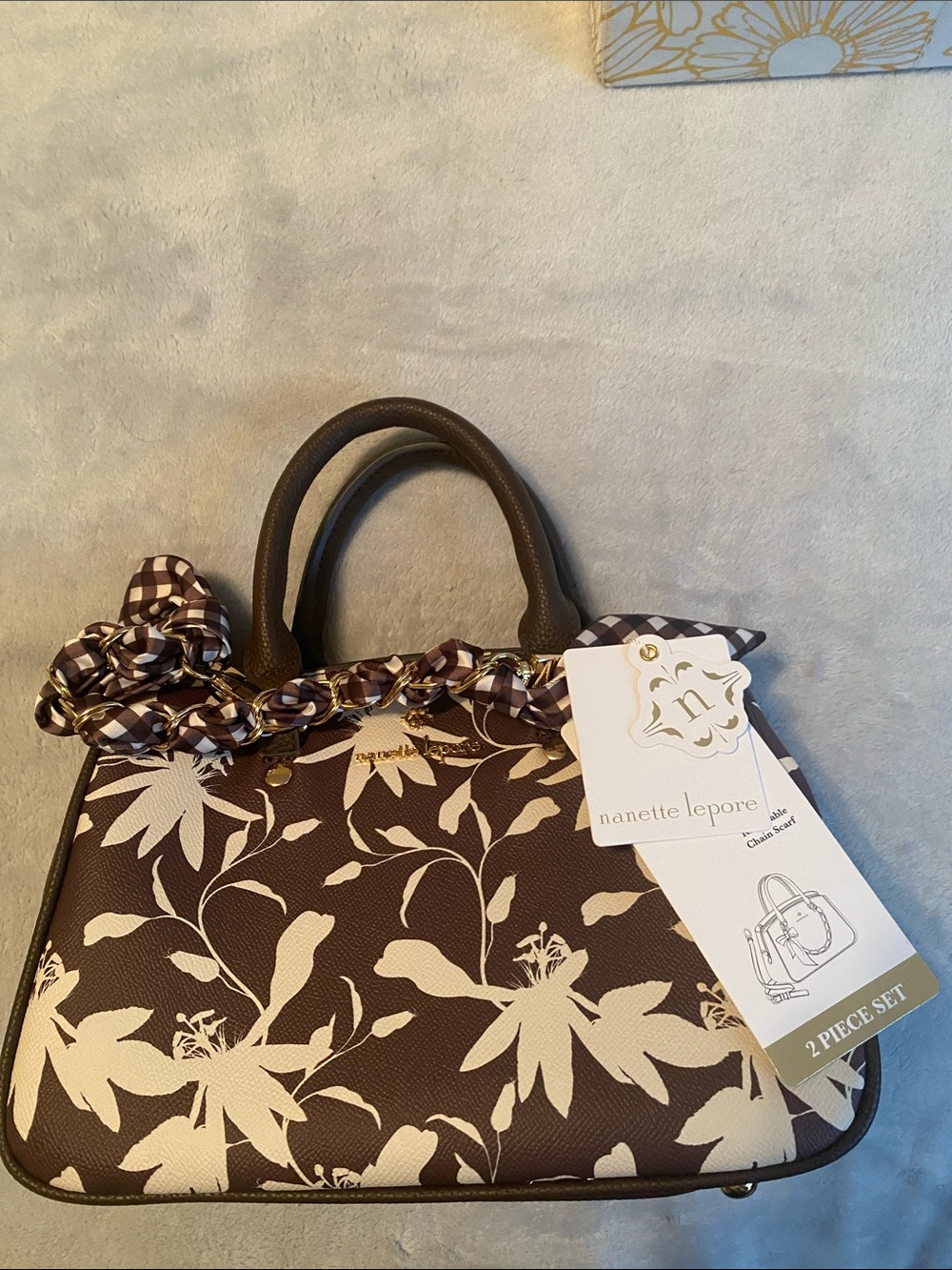 Nanette Lepore Brown and Cream Floral Satchel with Gingham Scarf